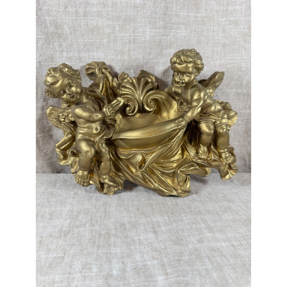 Vintage bright Gold Cherub Wall pocket Sconce Shelf Ornate Baroque Rococo Angel